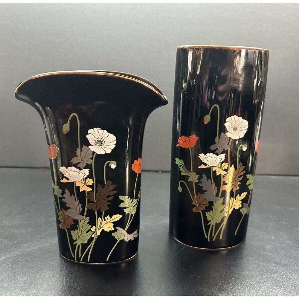 Japanese Kutani Vases Black with  Flowers Set Of 2